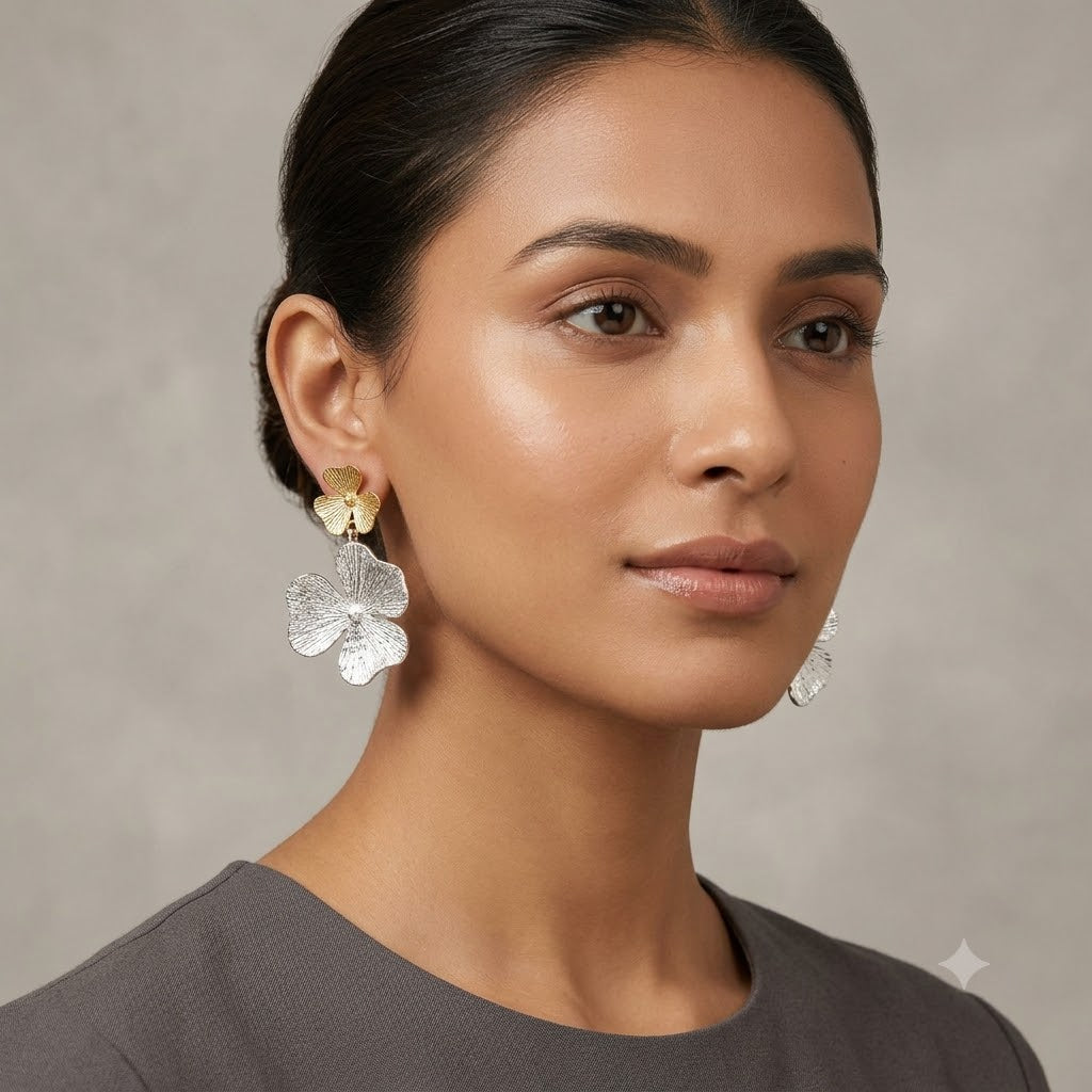 Dual-Tone Metallic Floral Drop Earrings