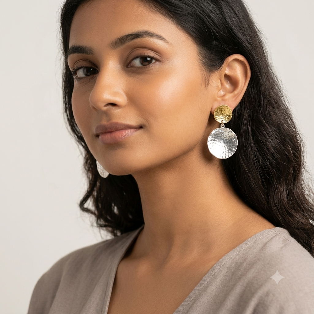 Two-Tone Hammered Disc Drop Earrings